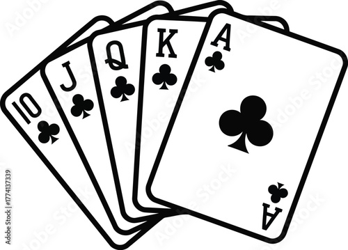 Royal flush playing cards hand poker game gamble casino luck win ace king queen jack ten clubs suit vector