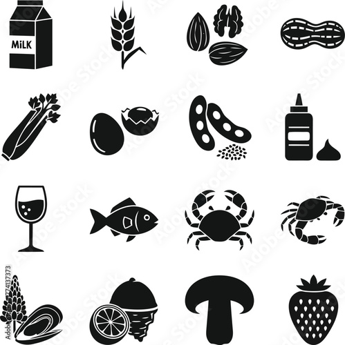 Common food allergy icons set for health information and nutrition awareness vector