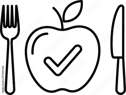 Healthy eating apple checkmark fork knife icon simple outline vector art vector