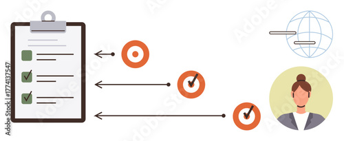 Clipboard with checklist, arrows leading to checked target markers, globe icon, and professional avatar. Ideal for task management, productivity, goals, workflow, planning remote work simple flat