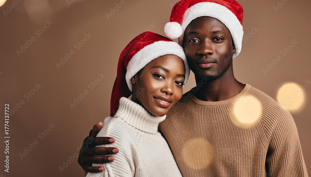 Fototapeta premium サンタ帽をかぶったアフリカ系の若いカップルが寄り添い、やさしく微笑む超リアルな胸元アップポートレート。 彼女はクリーム色のタートルニット、彼はキャメルセーターを着用し、マットな暖トープ背景と柔らかな拡散光が穏やかな季節感を演出。