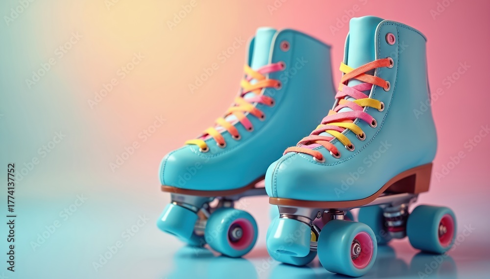 Fototapeta premium Pair of blue roller skates with rainbow laces stand indoors. Retro roller skates for skating dance. Fun and joyful activity for recreation on wheels. Rollerblades for sport fitness.