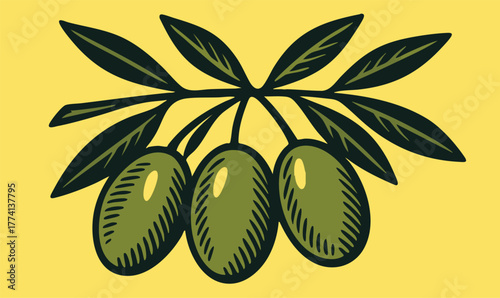 Olive Branch in Linocut Style linocut illustration bold black white retro botanical design for packaging label food ingredient vector art vintage etching style clear background