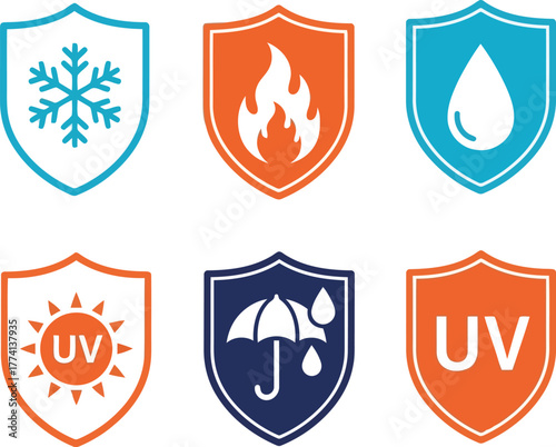Protection shield icons set cold fire water uv sun rain umbrella symbols vector graphic vector