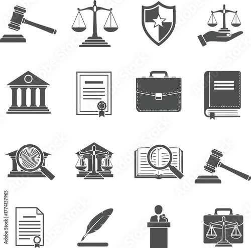 Law justice legal icons set gavel scales courtroom document suitcase shield building vector