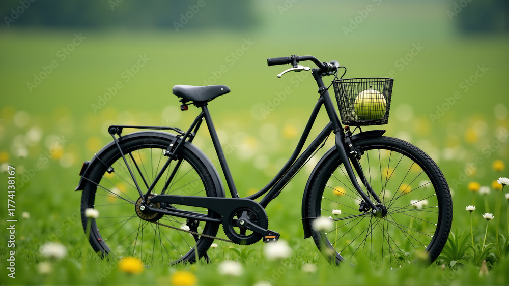 Fototapeta premium Minimalist Meadow: Sleek Vintage Bike in a Field of Green