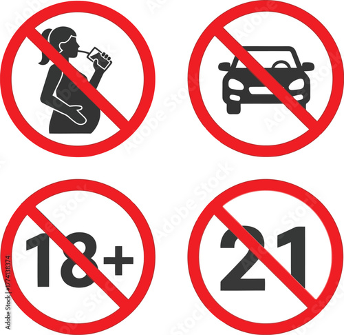 Prohibited actions warning signs pregnancy alcohol driving age restrictions 18 plus 21 vector
