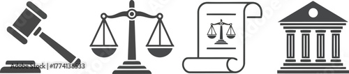 Legal symbols set gavel scales scroll courthouse justice law icons representing courtroom judgment authority vector