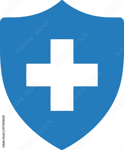 Blue shield with white medical cross symbol for health care protection safety security medical insurance and wellness vector