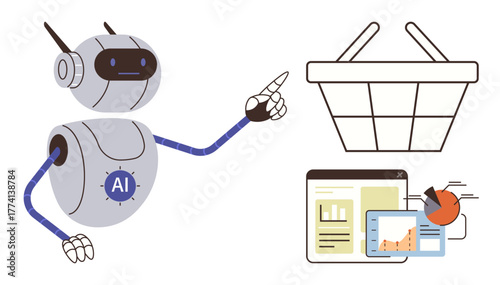 AI robot highlights a shopping basket, web data charts, and analytics tools. Ideal for automation, e-commerce, AI integration, smart shopping, retail trends data analysis future technology. Modern