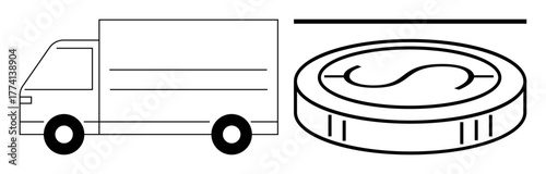 Delivery truck alongside dollar coin highlighting business logistics, money flow, and trade. Ideal for themes thumbs up shipping, economy, investment, finance, e-commerce, supply chain