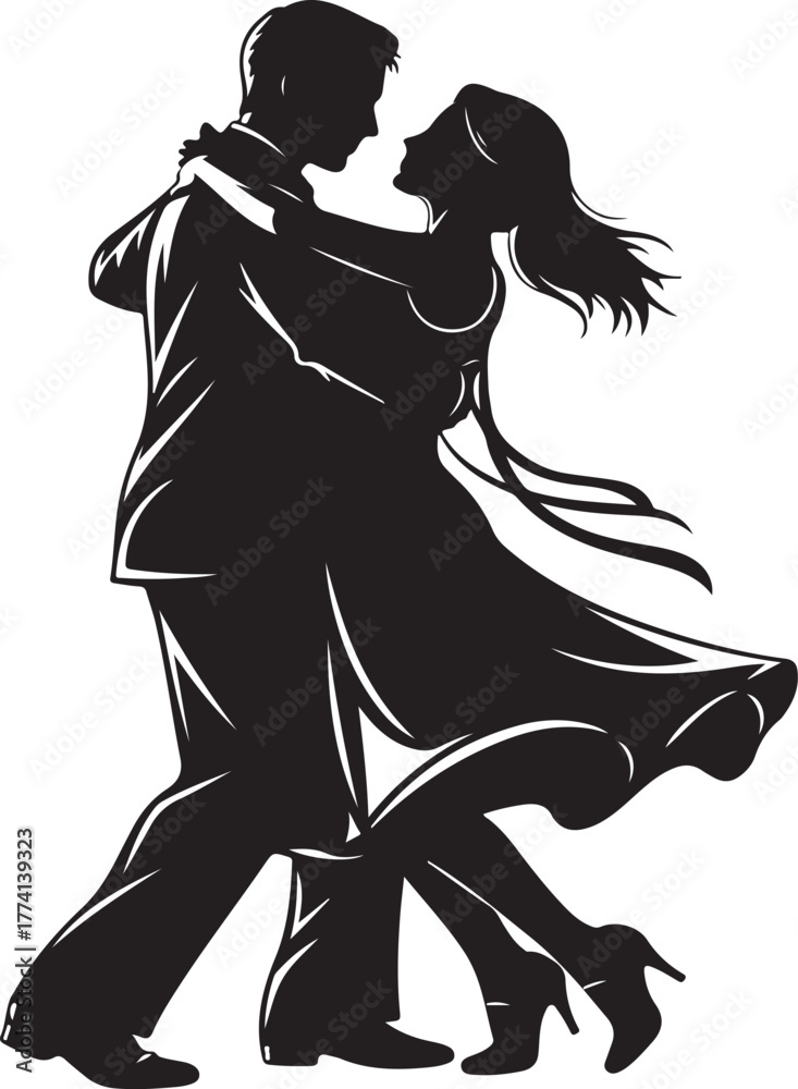 Fototapeta premium Romantic Silhouette of Couple Dancing with Flowing Dress and Hair ballroom