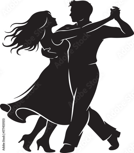 Elegant Couple Dancing Silhouette with Flowing Dress and Hair woman
