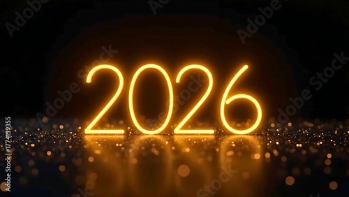 Glowing Gold Neon 3D 2026 Numbers with Reflection and Particles on a Dark Surface for a Futuristic New Year's Celebration
