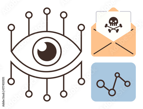 Eye encircled by connected nodes, skull-marked envelope, data graph. Ideal for cybersecurity, data tracking, digital threats, surveillance, hacking analytics online safety. Simple flat metaphor