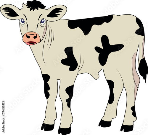 Cartoon cow illustration, Black and white dairy cattle clipart. Cute farm animal character