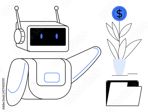 Robot tending money plant in pot, dollar sign growth, and folder. Ideal for finance, AI, technology, automation, investment innovation business development. Simple flat metaphor