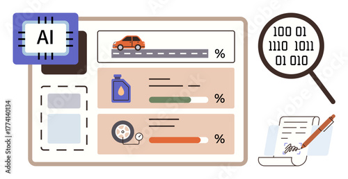 AI chip analyzing vehicle stats fuel usage, tire pressure, distance covered paired with report insights. Ideal for technology, data analysis, transport, automation, AI, efficiency simple flat