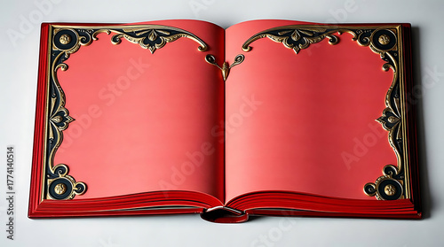 An open book with ornate gold and red frame isolated on white background, featuring blank pages ready for your text or images, perfect for creating a vintage or fantasythemed design