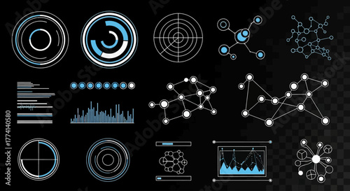 Collection of futuristic digital user interface elements, HUD, and data visualization graphics.