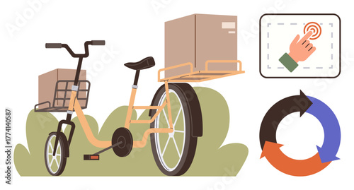Delivery tricycle transporting packages, touchscreen panel for process control, cycle with arrows symbolizing sustainability and efficiency. Ideal for logistics, sustainability, eco-friendliness