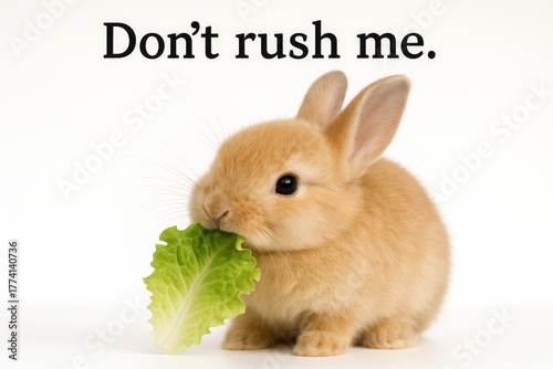 Adorable bunny eating lettuce with the quote “Don’t rush me,” perfect for cute animal or motivational designs.
