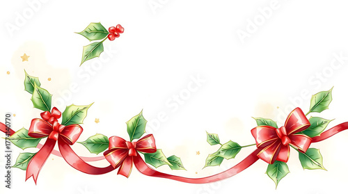 Christmas decoration with red bows and holly isolated on white background festive design for holiday cards, banners, and seasonal projects with a touch of elegance