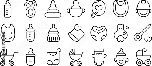 Baby Icons Set Cute Outline Symbols for Newborn Products and Essentials Vector Illustration