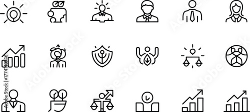 Business and finance icon set including growth success teamwork ideas and ethics for professional designs