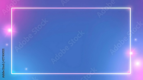 Vibrant neon frame on a gradient blue and pink background, featuring glowing lights and a modern, electric aesthetic, ideal for eyecatching designs and digital artwork