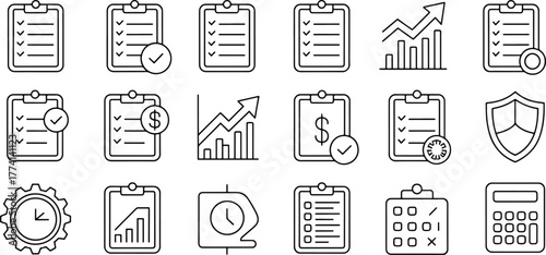 Business and Financial Planning Icons Collection in Line Style for Web and Print Projects Outlining Essential Elements