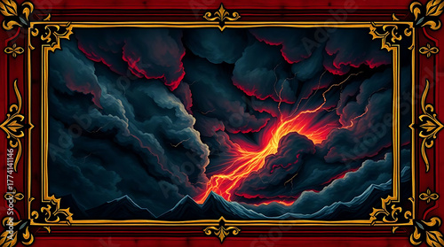 A dramatic and intense scene unfolds as a powerful lightning bolt pierces through the turbulent, dark clouds above the ocean, all framed by an ornate, vintagestyle border