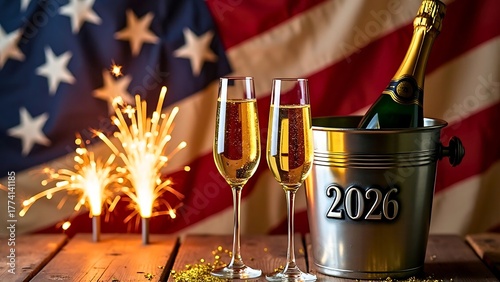 Patriotic American New Year 2026 Celebration: Champagne Glass and Bottle in Gold Bucket Against US Flag with Sparklers