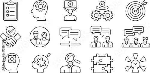 Business concepts and strategy illustration icons representing teamwork solutions and success goals with negotiation and communication for marketing development