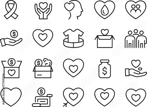 Charity and Donation Outline Icons Showing Love Giving and Support for Those in Need
