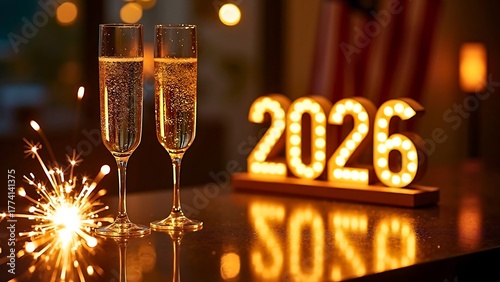 Two Champagne Glasses and Gold Marquee Light 