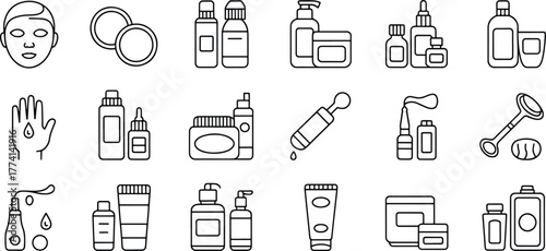 Cosmetic Product Line Icon Set Various Skin Care and Beauty Products in Line Style for Web and App Design