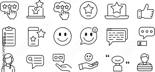 Customer feedback and service satisfaction icons for online platforms and support systems showcasing rating stars and positive sentiment