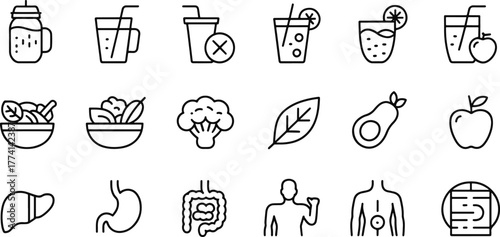 Healthy Lifestyle Icons Featuring Balanced Diet and Bodily Wellness Depicted in Clean Line Art Style Perfect for Nutritional Guidance