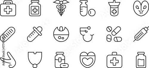 Medical Icons Line Art Set Healthcare and Medicine Symbols for Clinic and Pharmacy Designs Illustration