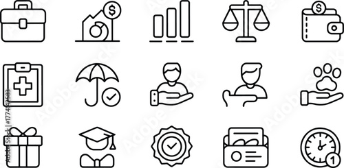 Modern Business and Finance Icon Set Outline Vector Illustration with Career Focus and Protection