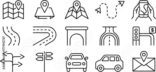 Set of Line Art Icons Representing Road Trip Elements and Navigation Symbols for Mapping and Travel Planning