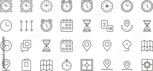 Set of Time and Location Vector Icons in Minimalist Style for UI UX Design and Mobile Applications