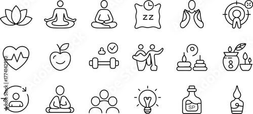 Set of wellness and healthy lifestyle vector line icons for health and wellness related designs yoga sleep nutrition fitness and balance