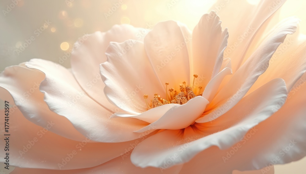 Fototapeta premium Close up of a delicate peach and cream flower. Soft petals unfurl towards warm golden light. Center stamen detail adds texture. Gentle, airy, romantic bloom.