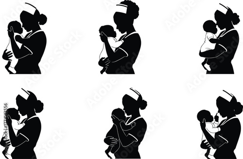 Nurse silhouette holding baby, caring nurse illustration, black and white vector, pediatric compassion, maternity care, mother and child bond