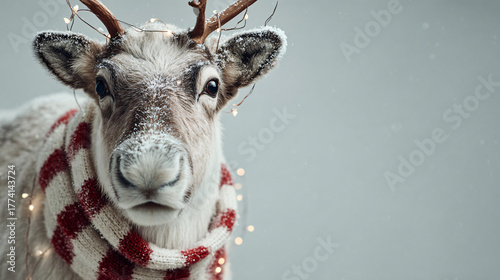 A delightful reindeer with snow-dusted antlers and a cozy red-and-white striped scarf embodies the spirit of Christmas. The soft glow of twinkling lights enhances the joyful winter atmosphere