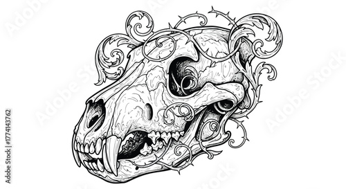 Vector illustration of detailed illustration of a wild animal skull adorned with thorny vines and ornate swirling elements, evoking a gothic or macabre aesthetic