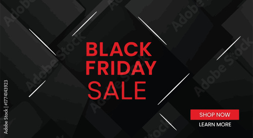 Vector illustration of black friday sale banner with bold red text on a dark, abstract geometric background, promoting shopping and discounts
