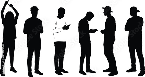 Silhouettes of diverse people, standing, using smartphones, casual poses, modern lifestyle, technology addiction, youth culture, urban fashion, digital behavior, isolated interaction